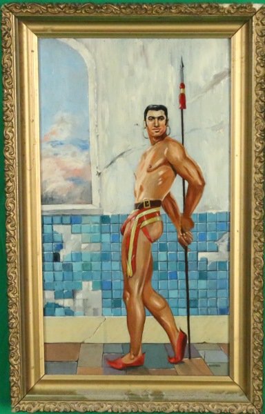 CIRCA 1950's SANTIAGO "SPEAR MAN" OIL ON PANEL PAINTING: CIRCA 1950's SANTIAGO "SPEAR MAN" OIL ON PANEL PAINTING. Height: 21 & 18 in. by Width: 13 & 9 1/2 in.