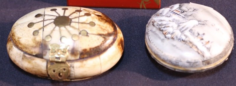 LOT OF TWO ASIAN BOXES: LOT OF TWO ASIAN BOXES. 1. ANTIQUE JAPANESE ROUGE BOX. 2. BRASS INLAID TILED BONE BOX. Height: 5 in. by Width: 3 in. by Depth: 2 1/2 in.