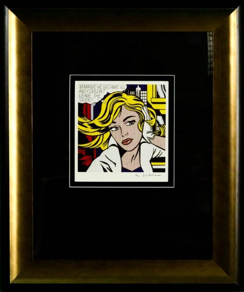 ROY LICHTENSTEIN "M-MAYBE A GIRL'S PICTURE": ROY LICHTENSTEIN "M-MAYBE A GIRL'S PICTURE" HAND SIGNED BY ROY LICHTENSTEIN IN BLAC PEN. Height: 25 & 9 in. by Width: 21 & 8 in.Disclaimer- we are not authenticators, but rather agents of a consignor.