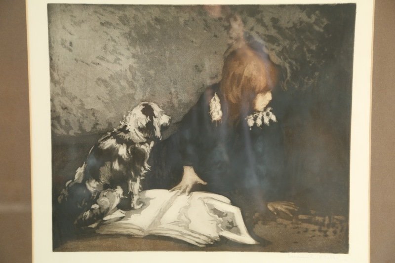 MANUEL ROBBE "GIRL & SMALL DOG" PENCIL SIGNED: MANUEL ROBBE "GIRL & SMALL DOG" PRINT PENCIL SIGNED. Height: 25 & 15 in. by Width: 34 & 32 in.