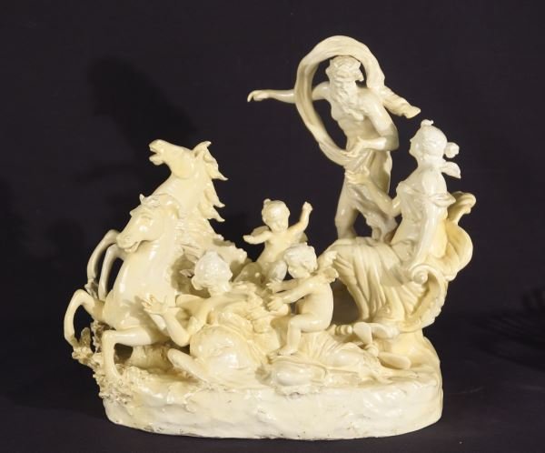 CAPODIMONTE "RAPE OF PROSERPINA" SCULPTURE: CAPODIMONTE "RAPE OF PROSERPINA" GLAZED TERRACOTTA SCULPTURE. Discoloring to the glaze throughout sculpture, and restoration, sold as is.