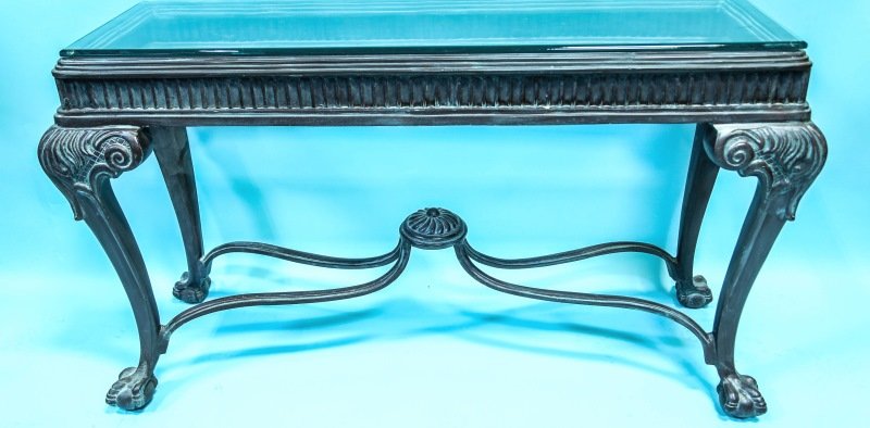 GLASS TOP CONSOLE TABLE WITH BRONZE BASE: GLASS TOP CONSOLE TABLE WITH BRONZE BALL & CLAW BASE. Height: 34 in. by Width: 58 1/2 in. by Depth: 21 IN.