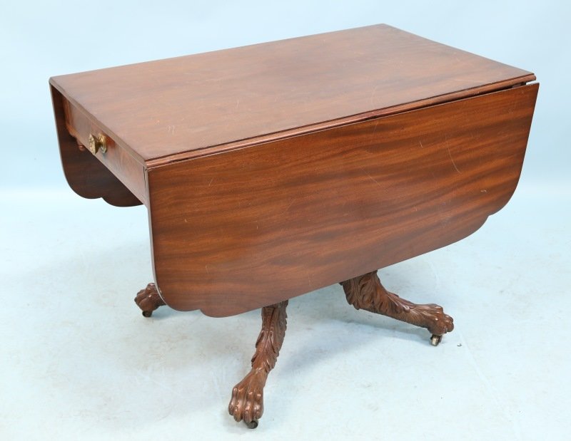 19th CENTURY AMERICAN MAHOGANY DROP LEAF TABLE: 19th CENTURY AMERICAN MAHOGANY DROP LEAF TABLE. CIRCA 1820. Height: 29 in. by Width: 53 in. by Depth: 40 in.