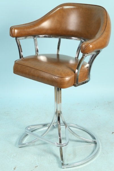 SET OF FOUR MID-CENTURTY MODERN LEATHER BARSTOOLS: SET OF FOUR MID-CENTURTY MODERN LEATHER AND CHROME BARSTOOLS. Height: 37 in. by Width: 27 in. by Depth: 22 in.