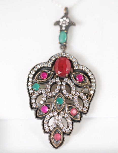 S. SILVER RUBY & EMERALD TURKISH ESTATE PENDANT: STERLING SILVER GENUINE RUBY & EMERALD TURKISH ESTATE PENDANT.