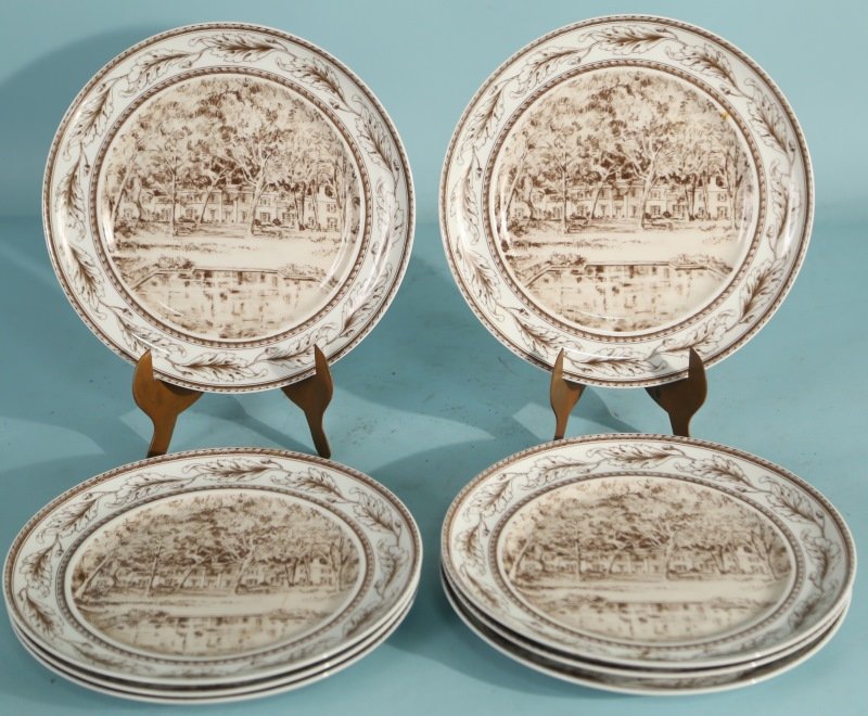 SET OF NINE BAYOU BEND BY E.M. SCHIWETZ PLATES: SET OF NINE BAYOU BEND PLATES BY E.M. SCHIWETZ FOR THE M.F.A., HOUSTON BY MOTTAHEDEH. Height: 1 in. by Width: 10 in. by Depth: 10 in.