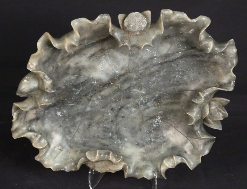 CARVED SOAPSTONE BOWL IN FORM OF LOTUS: CARVED SOAPSTONE BOWL IN FORM OF LOTUS. Height: 3 in. by Width: 14 in. by Depth: 11 in.