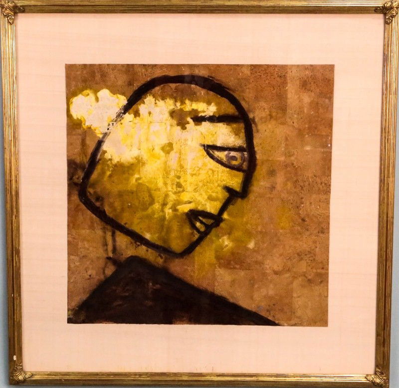 JAMALI "ABSTRACT FACE" WATERCOLOR PAINTING: JAMALI "ABSTRACT FACE" WATERCOLOR ON CORK PAINTING. Height: 31 & 21 in. by Width: 31 & 21 in.