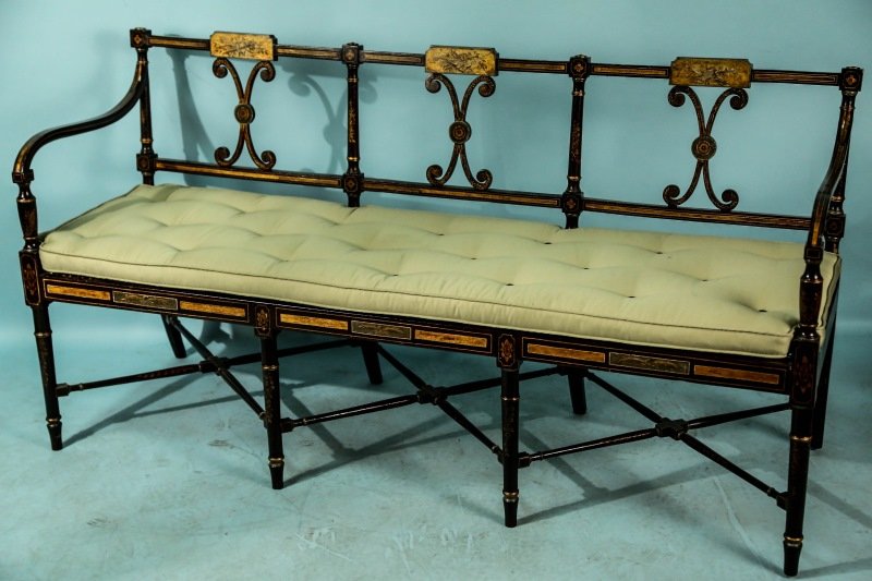 CIRCA 1820 ENGLISH REGENCY EBONIZED GILDED SETTEE: CIRCA 1820 ENGLISH REGENCY EBONIZED AND GILDED AND PAINTED SETTEE WITH CANE SEAT. Height: 35 in. by Width: 65 in. by Depth: 20 in.