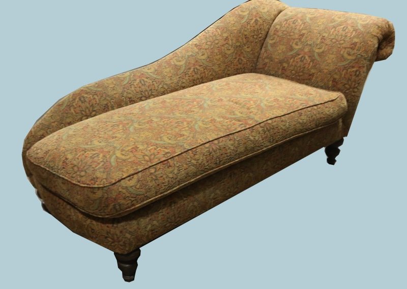 PAISLEY CHAISE ON TURNED LEGS: PAISLEY CHAISE ON TURNED LEGS. Height: 33 in. by Width: 76 in. by Depth: 32 in.
