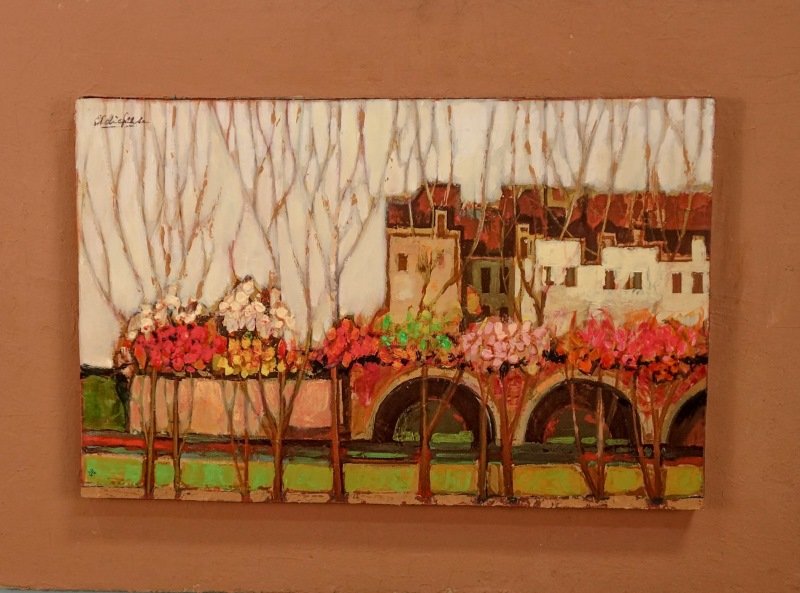 DAVID ADICKES "VILLAGE BRIDGE" ACRYLIC/PANEL, 2014: DAVID ADICKES "VILLAGE BRIDGE" ACRYLIC ON PANEL PAINTING, 2014. Height: 20 and 13 in. by Width: 27 and 20 in.