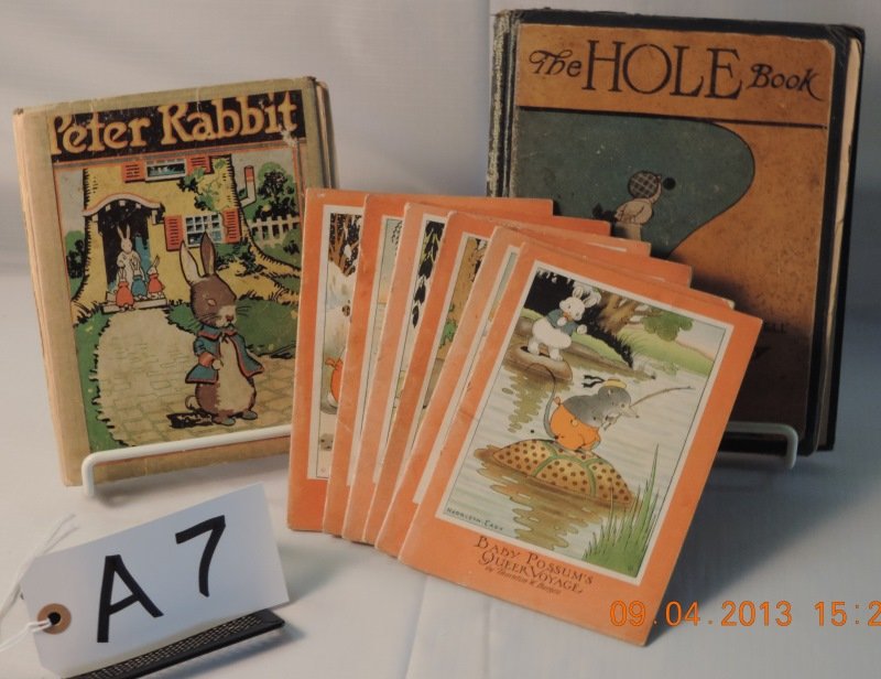 LOT OF 8 CHILDREN BOOKS: LOT OF 8 CHILDREN BOOKS PETER RABBIT, THE HOLE BOOK, BABY POSSUM QUEER VOYAGE, HAPPY JACK QUIRREL HELPS UNCLE BILLY, DIGGER THE BADGER DECIDES TO SAY, GRANDFATHER FROG GET A RIDE, THE NEATNESS OF BOBB