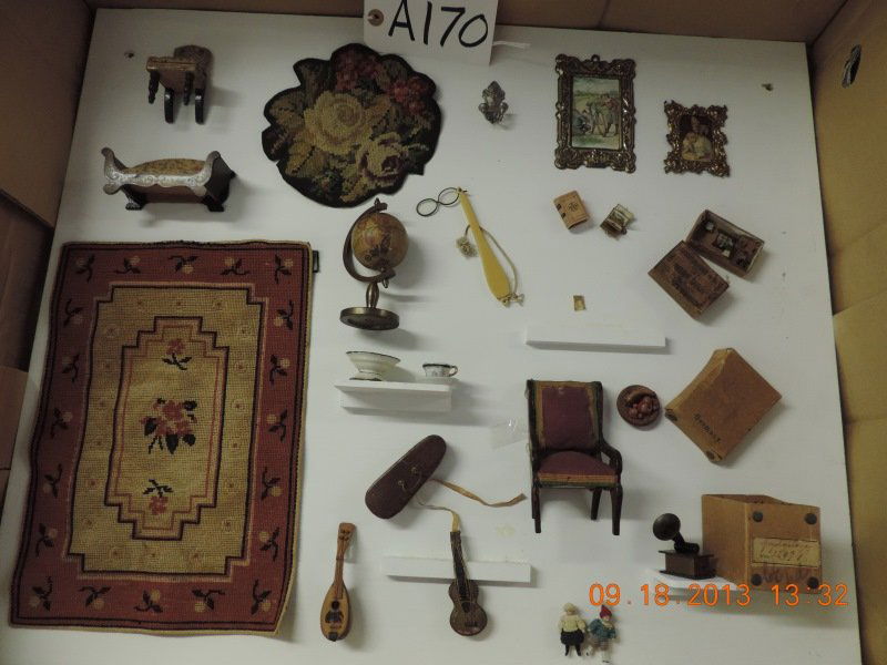 Diorama cardboard box w/ miniatures: Diorama cardboard box Old German miniatures. hooked floral rug, violin with case, mandolin, globe on a stand, 2 porcelains pieces victrola, matchbook house, framed photos, picture books, a170