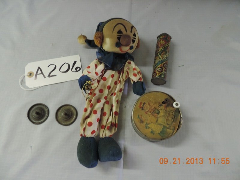 Small handmade clown doll, cymbals kaleidoscope: Small handmade clown doll, cymbals, small kaleidoscope,small round music box. a206