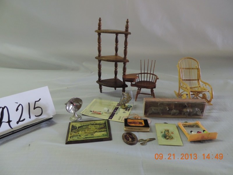 Mixed lot of miniatures: Mixed lot of miniatures Misc. miniatures: wooden corner curio small desk (needs repair)m bamboo rocker, misc. wall hangings, plastic mirror with 2 colored bottles, tooth brush, Colgate paste, ship on