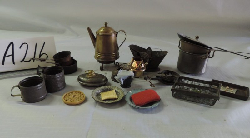Misc. tin kitchen pans: Misc. tin kitchen pans, copper coffee with stand 3”, various pots, and tin cups. a216