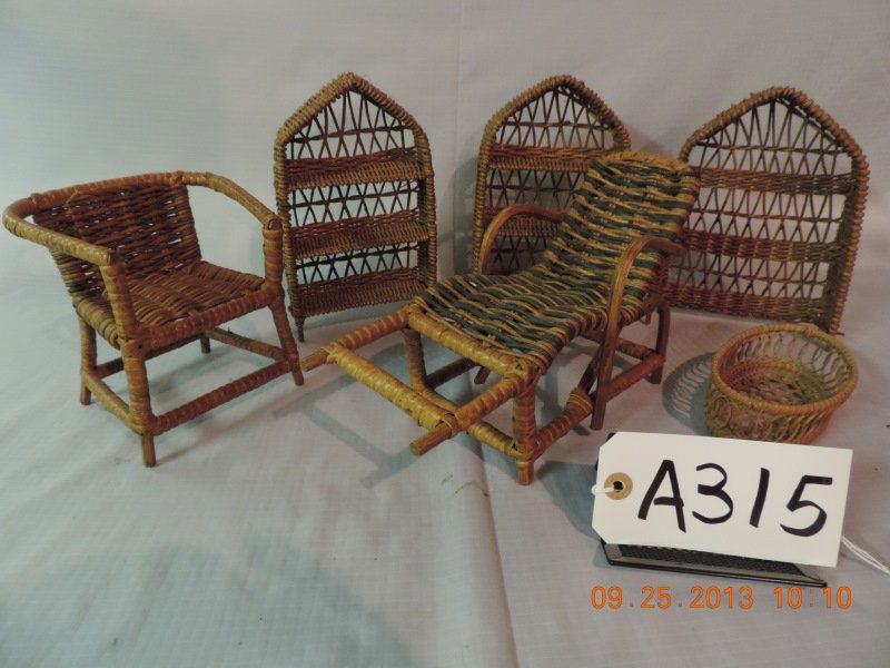 Rattan furniture: Rattan furniture: 3 stand up shelves, chair 8”, basket, chaise. a315