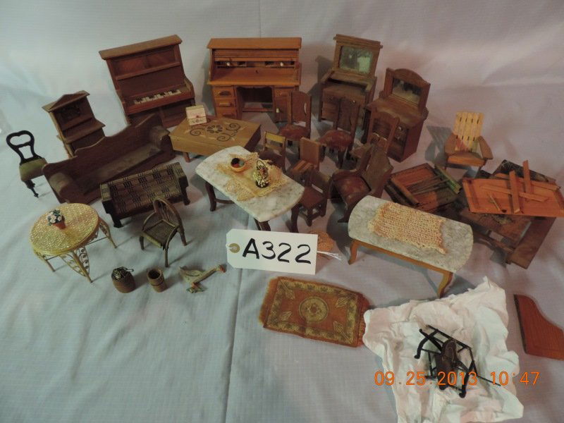 Red Colonial House Furniture: Red Colonial House Furniture: Roll top desk, upright piano two chests with mirrors, wooden inlay table two marble top tables, decorative rattan table. ( sack of accessories).