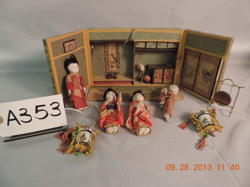 Paper and cardboard fold out room: Paper and cardboard fold out room, Oriental: 4 dolls, 4 1/2”, one with baby on back, 2 hanging lanterns. a353