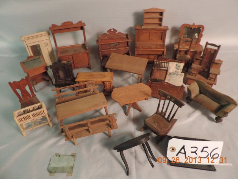 Wooden dollhouse furniture: Wooden dollhouse furniture: chest, dressers, table, chairs, desk, wardrobe, 2 beds(metal). a356