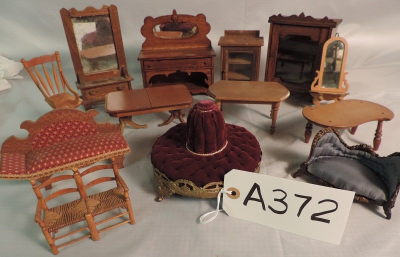 Red velvet round seat, breakfront with mirror, cot: Red velvet round seat, breakfront with mirror, couch, glass front cabinets, wall mirror, love seat, cherval mirror. A372