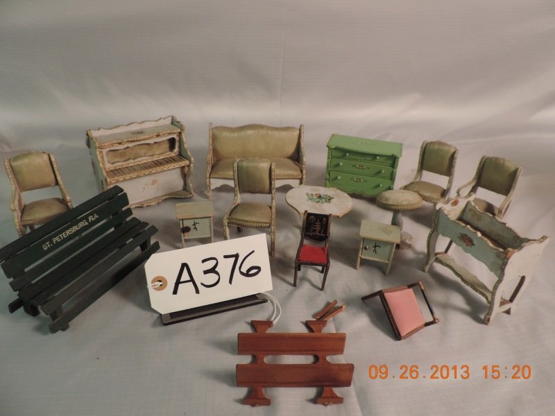 Painted doll furniture: piano, sofa, 3 chairs, 2: Painted doll furniture: piano, sofa, 3 chairs, 2 side tables,, one small table, dark green bench - St. Petersburg, FL. A376
