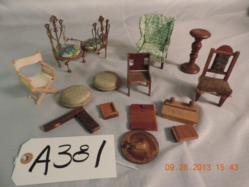 Windsor chair, two small wooden chairs, director’d: Windsor chair, two small wooden chairs, director’s chair, gold side by side metal chairs. A381