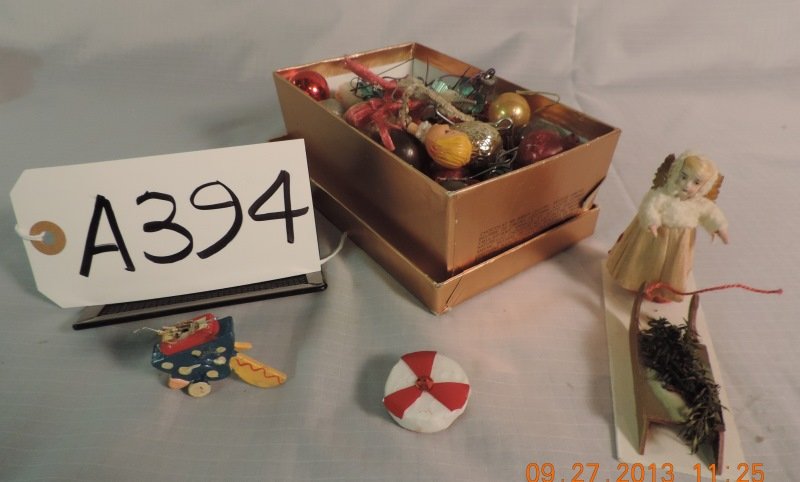 Box of Christmas ornaments for small trees.: Box of Christmas ornaments for small trees. A394