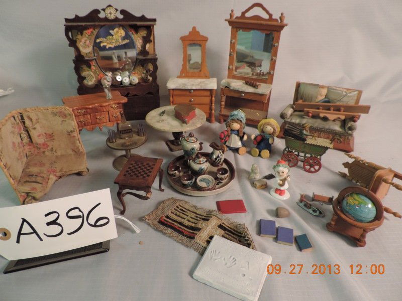 Oak dollhouse furniture: marble top tables, hall ,: Oak dollhouse furniture: marble top tables, hall tree, dresser, round table, buffet, checker’s game table, hall table, round metal table, upholstered corner chair, fire place bellows, ceramic tea se