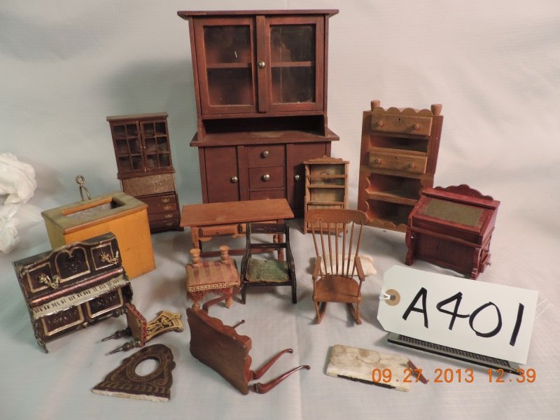 Red desk, tall china cabinet 11 1/2”, corner curi,: Red desk, tall china cabinet 11 1/2”, corner curio, metal piano, rocking chair, wooden sink, wooden library table. A401