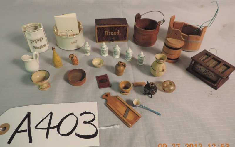 Porcelain salt container 2”, canister “allspice”,n: Porcelain salt container 2”, canister “allspice”, 2 wooden buckets, metal bread box with bread. A403