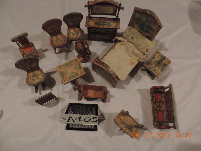 Very ornate paper on wood: sofa, bed, chest with 3: Very ornate paper on wood: sofa, bed, chest with mirror, 3 chairs, rocker, small chest, table, rocking baby bed, end table, metal stand with globe. A405