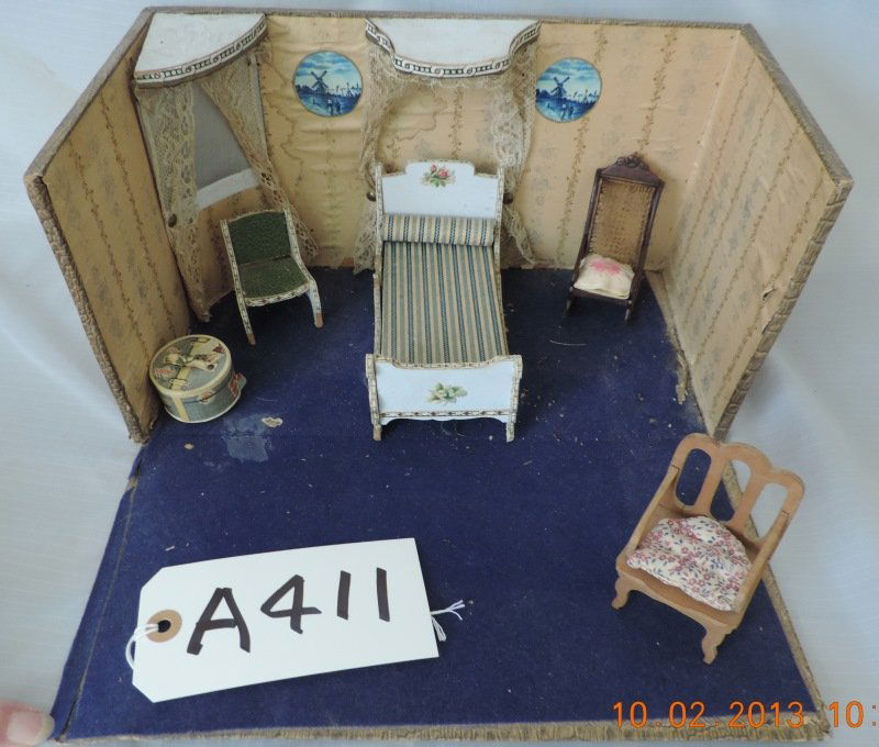 Diorama - needs repair, room with one bed, two chx: Diorama - needs repair, room with one bed, two chairs, hat box and a rocking chair. A411