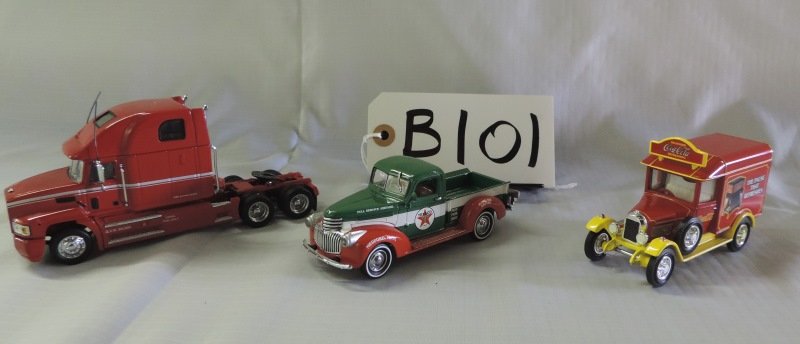 Match box: 1941 Chevy pick up, Mac Big rig tractor: Match box: 1941 Chevy pick up, Mac Big rig tractor, Coca Cola 1929 Morris light van. B101