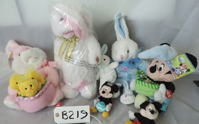 Plush toys: three large bunnies (one with chicks: Plush toys: three large bunnies (one with chicks in a basket), two talking Mickey mouses, one Minnie mouse 10”. B219