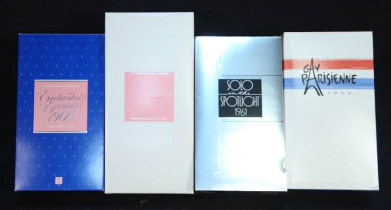 MIXED LOT OF FOUR VINTAGE LIMITED EDITION BARBIES: MIXED LOT OF FOUR VINTAGE LIMITED EDITION PORCELAIN BARBIES IN ORIGINAL BOXES. SOPHISTICATED PORCELAIN BARBIE LADY 1965, SOLO IN THE SPOTLIGHT 1961, GAY PARISIENNE 1959, ENCHANTED EVENING 1960. ALL IN