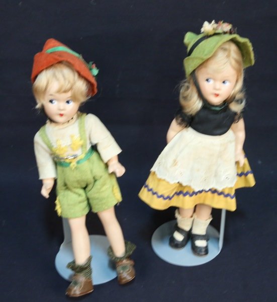 LOT OF 2 GERMAN WENDY ANN DOLLS WITH STANDS: LOT OF TWO GERMAN WENDY ANN DOLLS WITH STANDS, ALL COMPOSITION WITH ORIGINAL CLOTHES. Height: 10 in. by Width: 3 in. by Depth: 2 in.