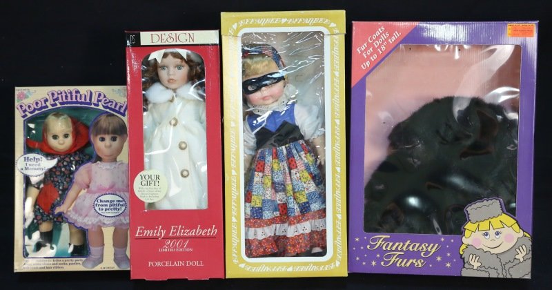 LOT OF THREE DOLLS & ONE-PIECE DOLL COAT: LOT OF THREE DOLLS & ONE-PIECE DOLL COAT. POOR PITIFUL PEARL, EMILY ELIZABETH PORCELAIN DOLL, EFFANBEE DOLL, FANTASY FUR COAT. Height: 18 in. by Width: 8 in. by Depth: 5 in.
