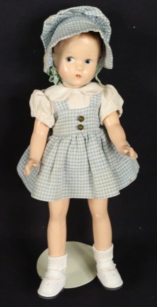 EFFANBEE SUZETTE DOLL: EFFANBEE SUZETTE DOLL WITH ORIGINAL CLOTHES AND REPLACED SHOES, SOCKS Height: 12 in. by Width: 4 in. by Depth: 2 in.