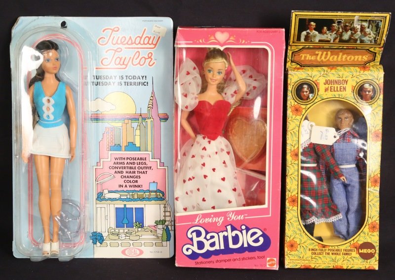 LOT OF 3 DOLLS: LOT OF 3 DOLLS TUESDAY TAYLOR LOVING YOU BARBIE THE WALTONS JOHNBOY & ELLEN Height: 13 in. by Width: 6 in. by Depth: 2 in.