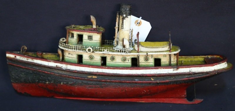 EARLY GERMAN TINPLATE TOY BOAT: EARLY GERMAN TINPLATE TOY BOAT. Height: 8 1/2 in. by Width: 19 in. by Depth: 4 in.