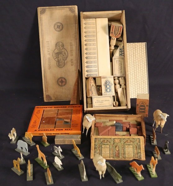 MIXED BOX LOT OF VINTAGE TOYS: MIXED BOX LOT OF VINTAGE TOYS. MINIATURE FIGURES, ANTIQUE CHALK SET, PUZZLES.