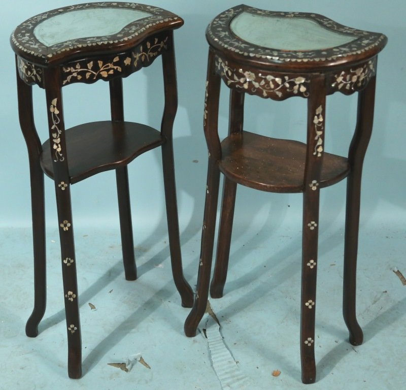 PAIR OF 19th C. CHINESE TABLES WITH MOTHER-OF-PEARL: PAIR OF 19th CENTURY TWO-TIERED CHINESE MIRRORED TABLES WITH MOTHER-OF-PEARL INLAY. Height: 31 in. by Width: 14 in. by Depth: 10 in.