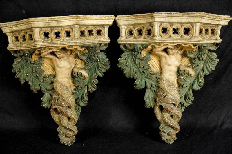 PAIR OF 19th CENTURY TERRACOTTA SCONCES: PAIR OF 19th CENTURY TERRACOTTA SCONCES WITH MERMAID DECORATION. Height: 18 in. by Width: 15 in. by Depth: 6 in.
