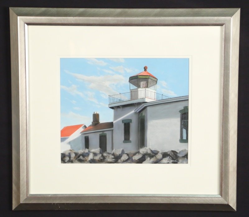 JOHN WORTHEY "LIGHT HOUSE" PASTEL PAINTING.: JOHN WORTHEY "LIGHT HOUSE" PASTEL PAINTING. Height: 19 & 11 1/2 in. by Width: 20 1/2 & 9 1/2 in.