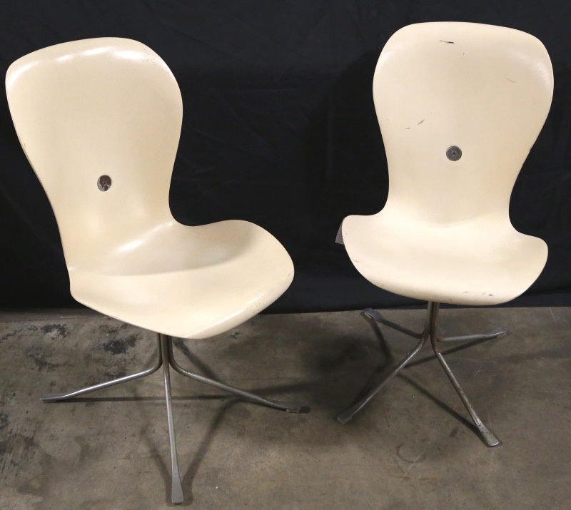 PAIR OF ION CHAIRS BY GIDEON KRAMER: PAIR OF MID-CENTURY ION FIBERGLASS & CHROME STEEL CHAIRS DESIGNED BY GIDEON KRAMER. Height: 34 in. by Width: 19 in. by Depth: 18 1/2 IN.