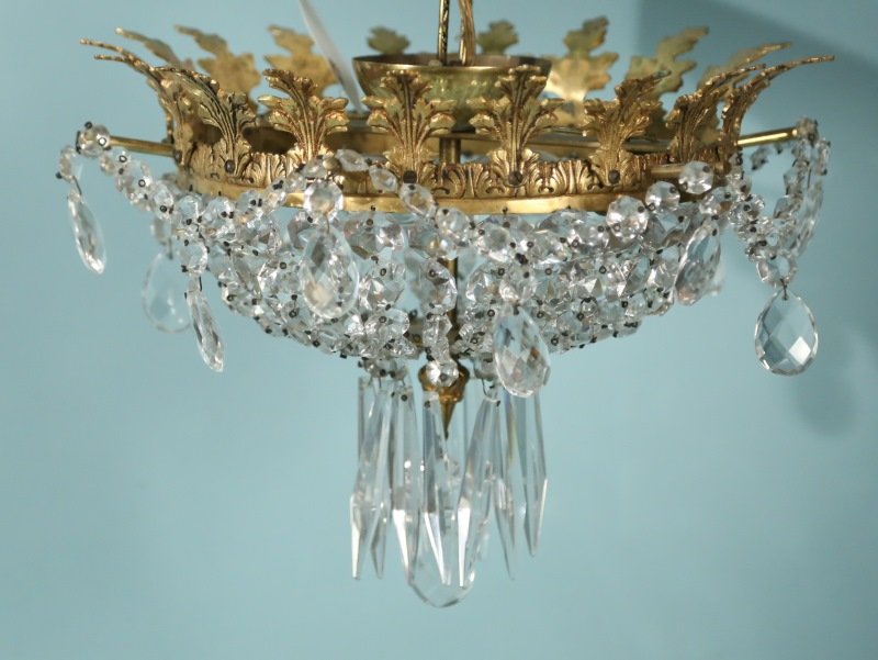 GILT BRASS AND CUT PRISM LIGHT FIXTURE: GILT BRASS AND CUT PRISM LIGHT FIXTURE. Height: 9 in. by Width: 13 in. by Depth: 13 in.