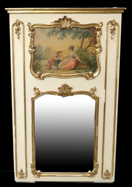 ANTIQUE FRENCH TRUMEAU MIRROR: ANTIQUE FRENCH TRUMEAU WITH MIRROR AND AND CENTER PANEL OIL ON CANVAS PAINTING. Height: 66 in. by Width: 40 in. by Depth: 2