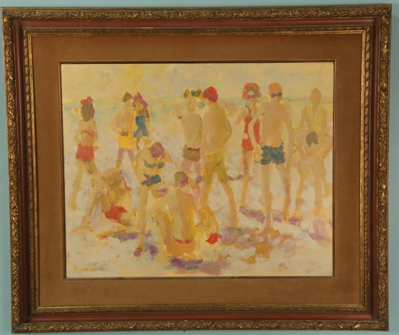 BRUCE MONICAL "BEACH SCENE" PAINTING: BRUCE MONICAL "BEACH SCENE" PAINTING. PROVENANCE: DUBOSE GALLERY. Height: 35 & 24 in. by Width: 42 & 30 in.