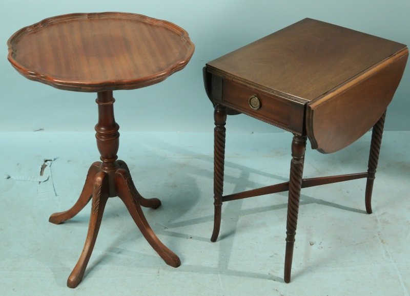 VINTAGE MAHOGANY DROP LEAF TABLE & SIDE TABLE: VINTAGE MAHOGANY DROP LEAF TABLE & SIDE TABLE, CIRCA 1940's. Height: 28 & 25 in. by Width: 21 & 22 in. by Depth: 21 & 15 in.